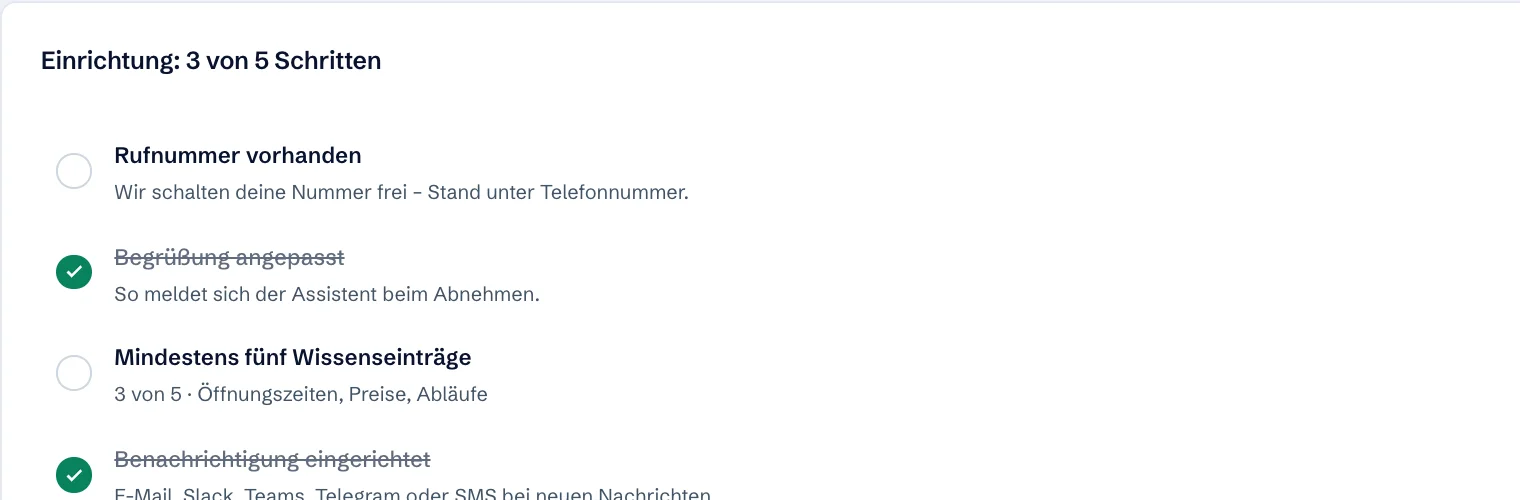 Ausschnitt aus dem Kundenbereich: Einrichtung mit dem Schritt Rufnummer vorhanden