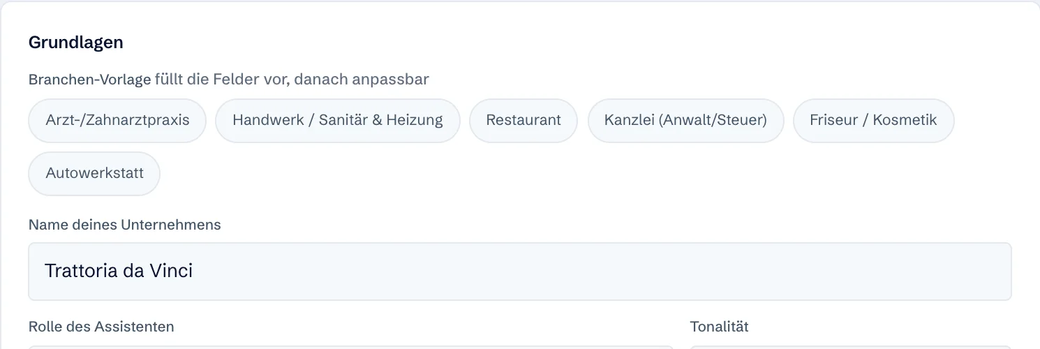 Ausschnitt aus dem Kundenbereich: Branchen-Vorlagen und Name des Unternehmens