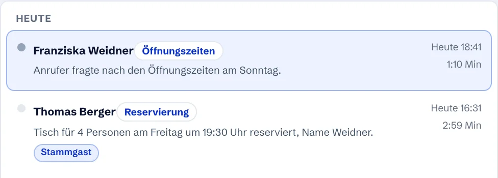 Ausschnitt aus dem Kundenbereich: ein eingegangener Anruf mit Thema und Zusammenfassung